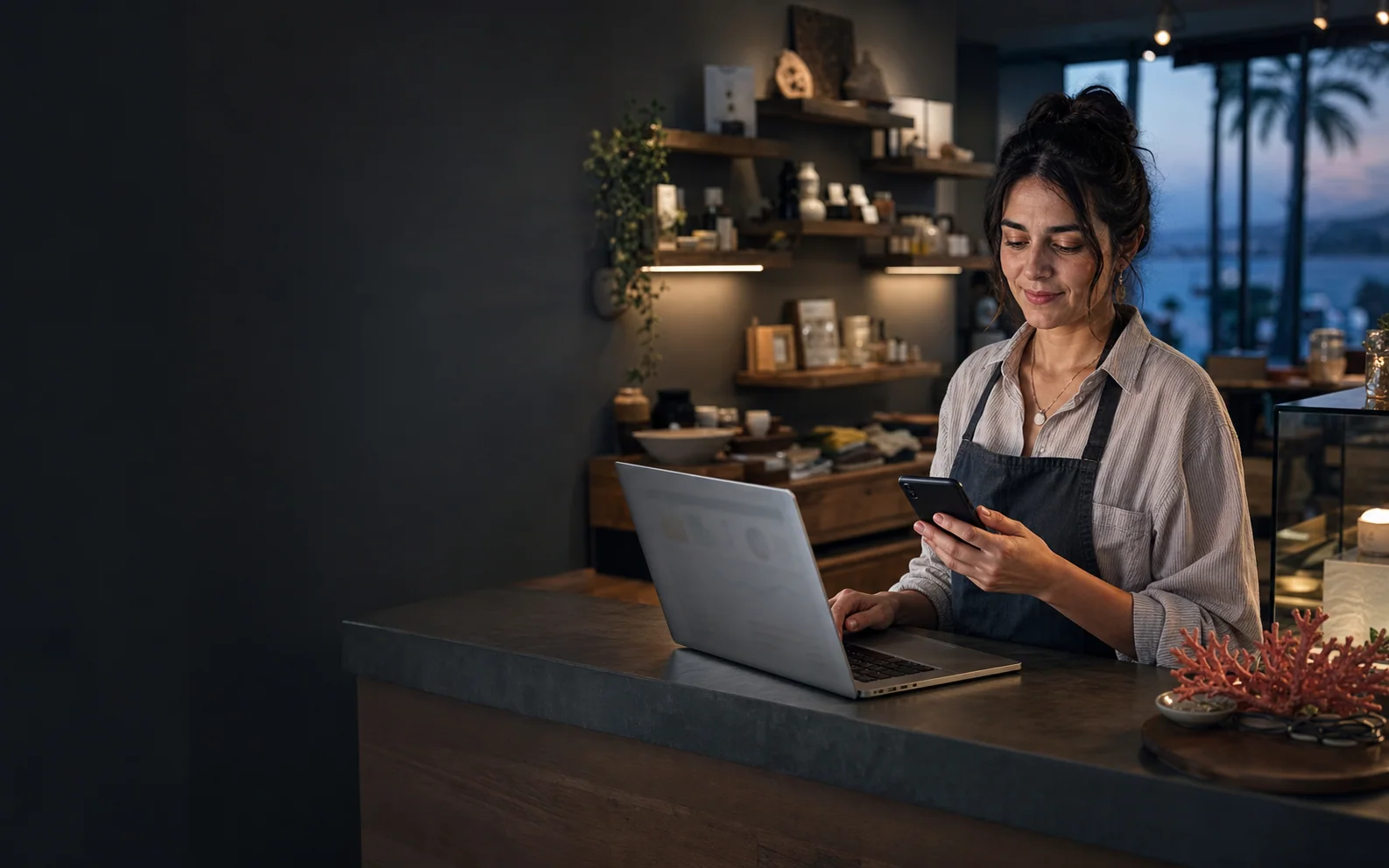 Dijital siparişlerini telefon ve dizüstü bilgisayarından yöneten butik işletme sahibi