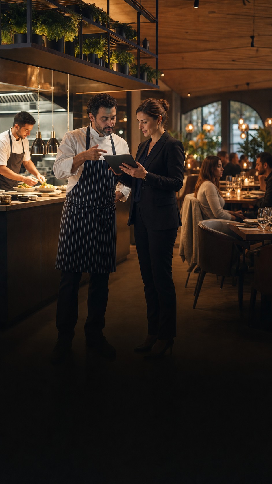 Restoran servis akışını birlikte yöneten şef ve işletme yöneticisi